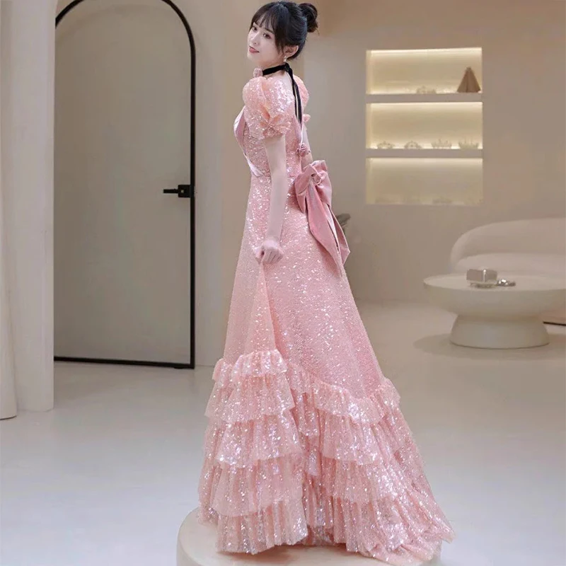 Pink Long Evening Dress For Women 2023 New Luxury Shining Sequin Temperament Small Group Aperformance Dress Cake Skirt