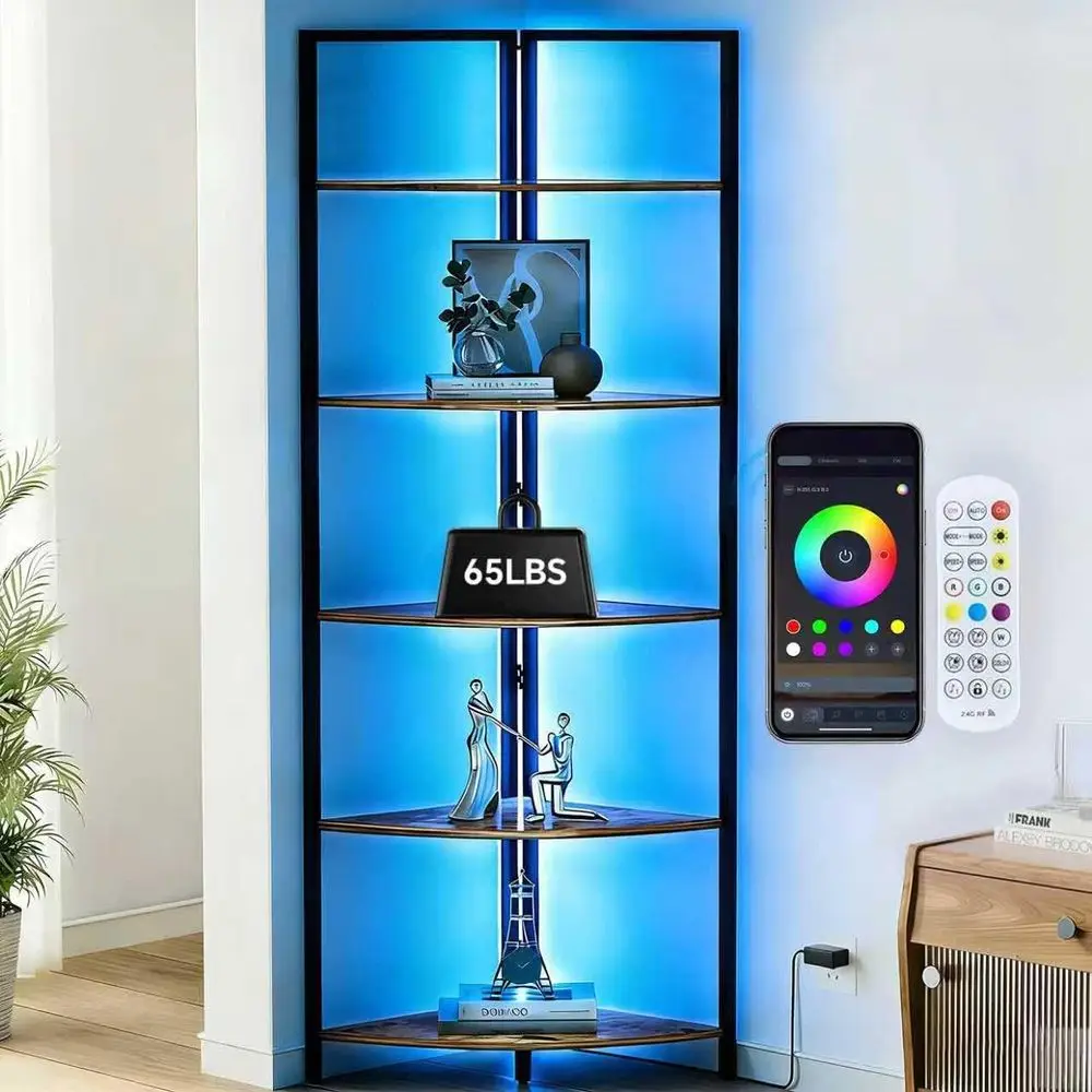 

Прочная полка в ретро-стиле со светодиодной подсветкой, 5-ярусный книжный стеллаж, высокая полка из дерева и металла для гостиной, офиса, спальни, кухни