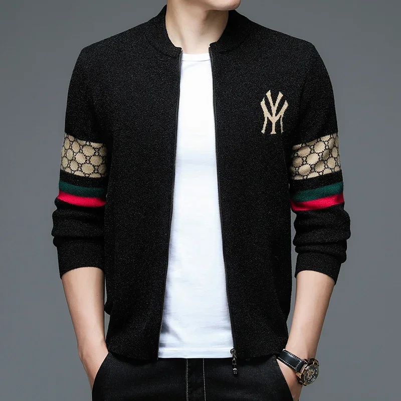 Men's baseball jersey cardigan zipper jacket brand high-end fashion knitted men's top for warmth in autumn and winter