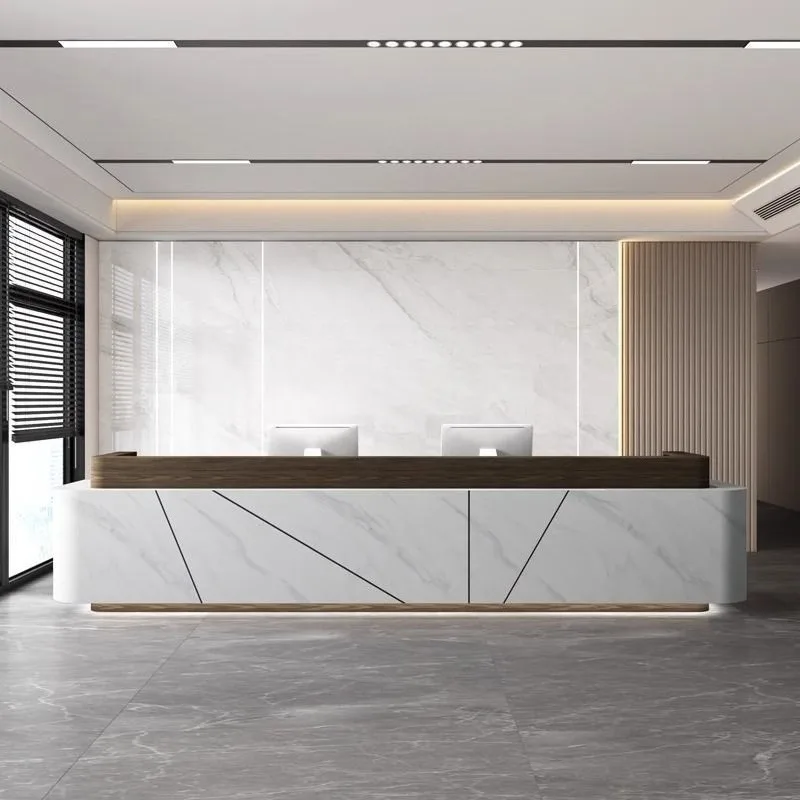 Atmospheric health center front desk hotel checkout page gym cashier counter company hotel front desk