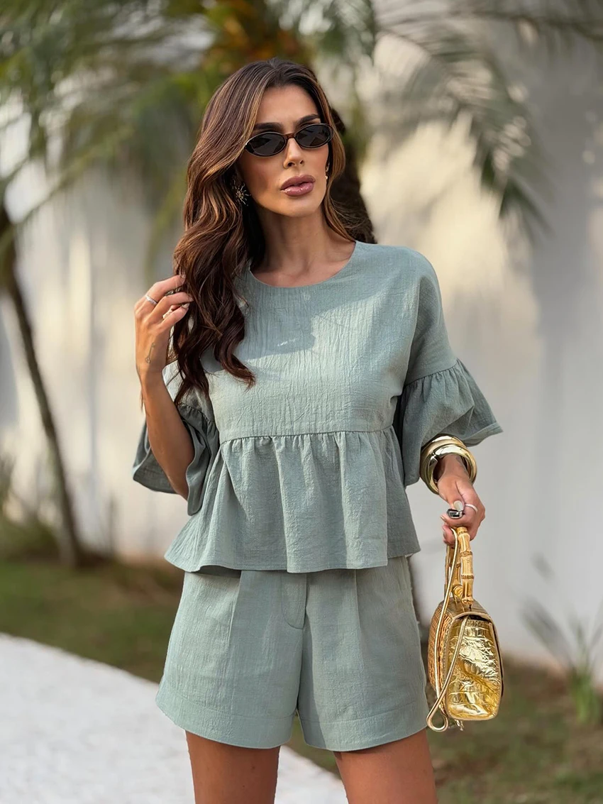 

Marthaqiqi Casual Female Nightwear Set O-Neck Pajamas Half Sleeve Sleepwear Crop Top Nightgowns Shorts Cotton Women Nightie Suit