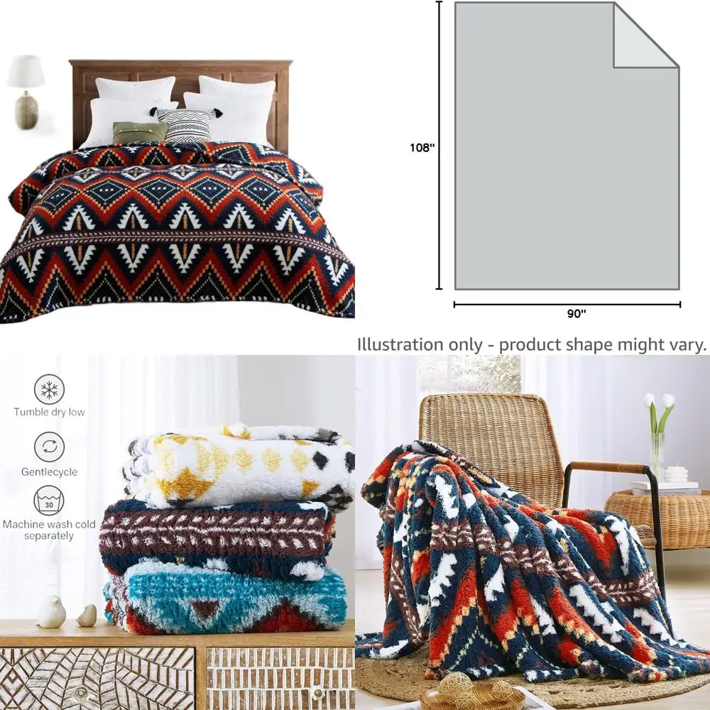 

King Size Aztec Pattern Bohemian Fleece Throw Blanket, Ultra Soft and Cozy, Ideal for Couch, Bed, or Sofa (Navy, 108x90 Inch)