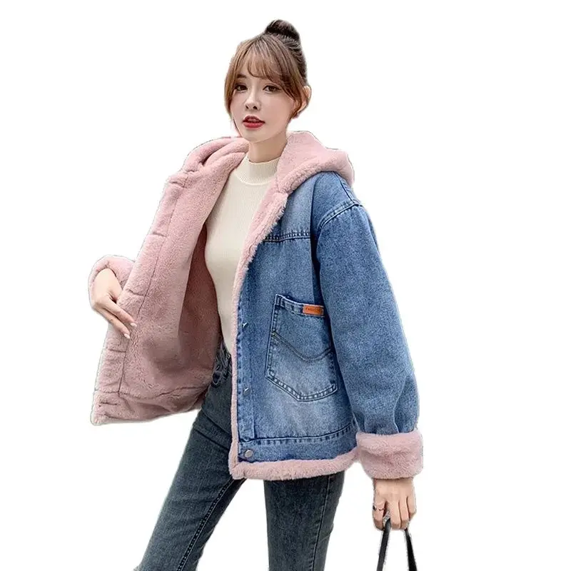 

Add Velvet Padded Lambswool Denim Jacket Girl Autumn And Winter Clothes 2022 New Junior High School Students Loose Cotton Coat