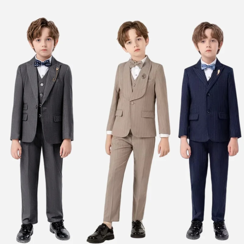 

Костюм-тройка в полоску для мальчиков: нарядный комплект для выступлений, выступлений на пианино, детских мероприятий, свадеб, дней рождения, фотосессий