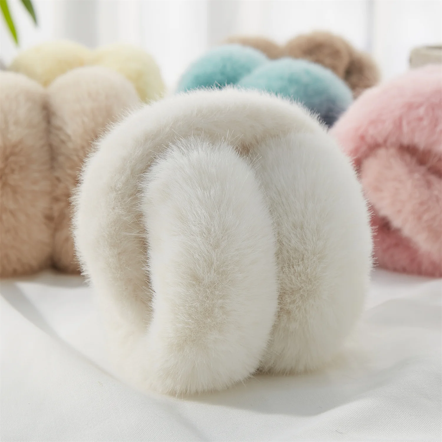 Anjj 2024 New Hairy Earmuffs High-End Fashion Cute Beige Faux Rabbit Fur Ear Muffs Winter Popular Accessories