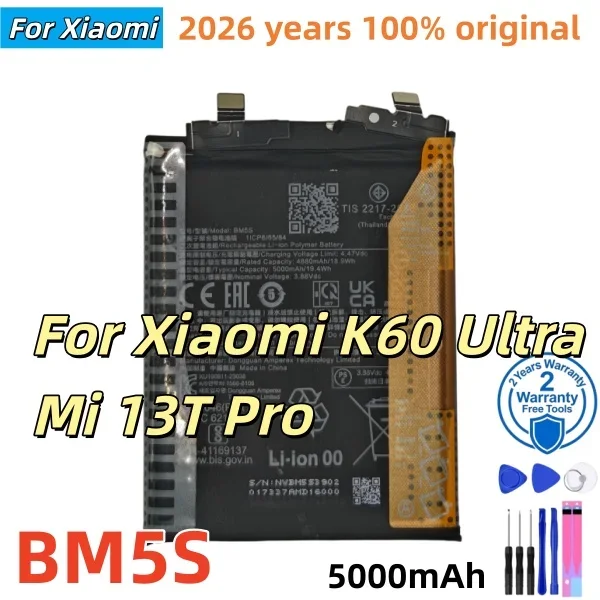 100% New  Original 5000mAh BM5S Battery For XIAOMI Redmi K60 Ultra/Mi 13T Pro Battery Replacement Bateria+Free Tools