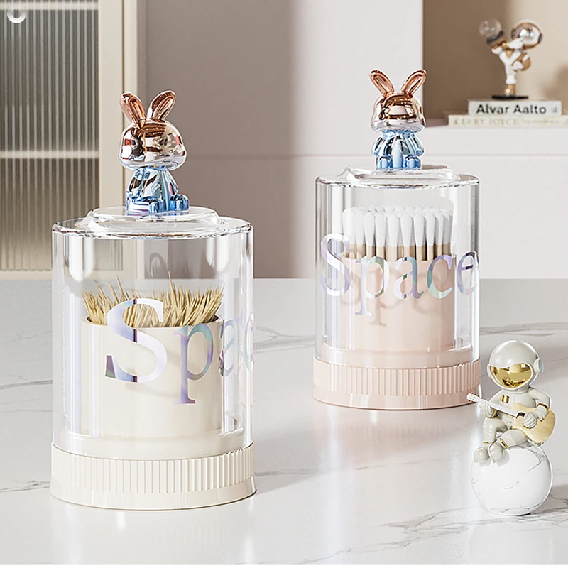 Light Luxury Colorful Rabbit Toothpick Box Transparent Round Dustproof Cotton Swab Tooth Storage Box