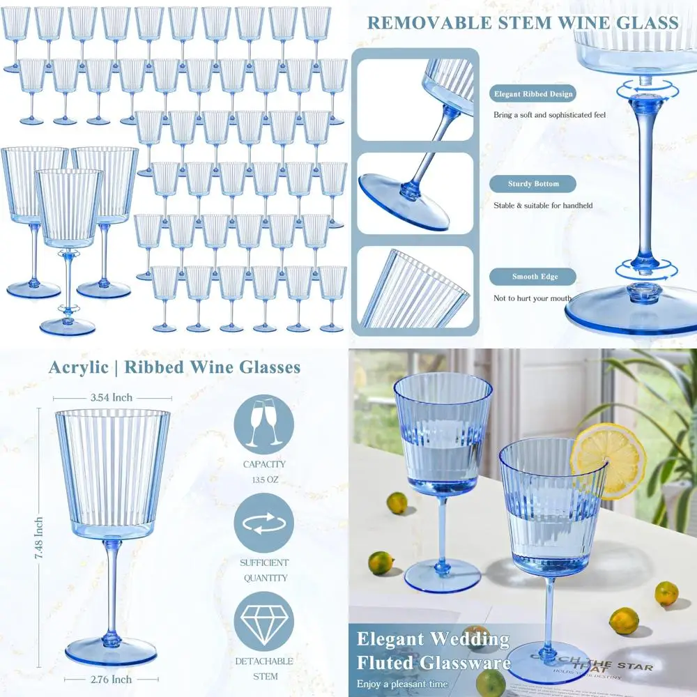 

Синие ребристые пластиковые бокалы для вина — упаковка 48 штук, емкость 13,5 унций, элегантная рифленая посуда, винтажный стиль, съемная для легкой очистки