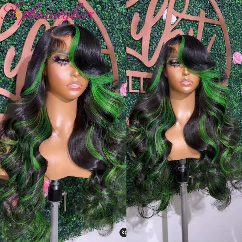 Green Highlight Wig Human Hair Colored Green 13x4 Lace Front Human Hair Wigs for Women Peruvian Remy Wavy Full Lace Wigs