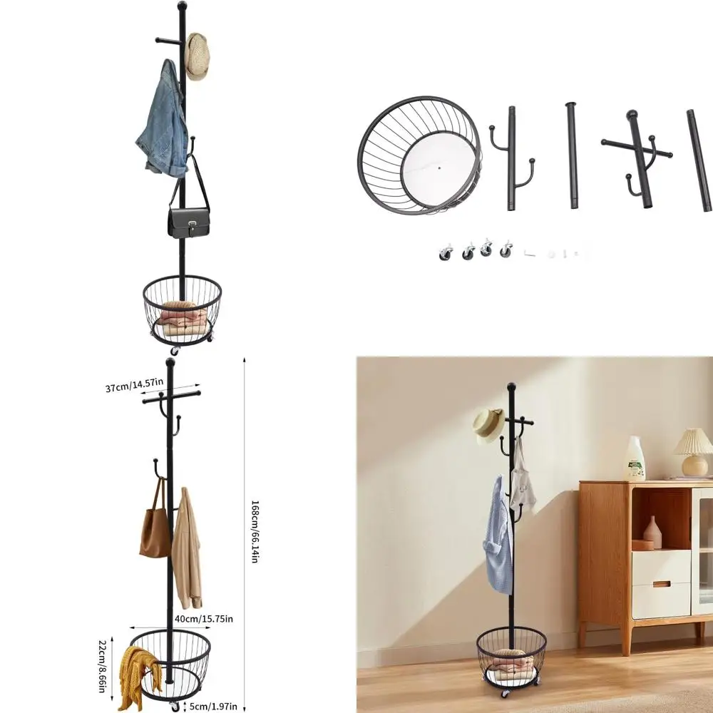 

Портативная металлическая вешалка в стиле дерева с корзиной для хранения и шестью крючками для современных прихожей