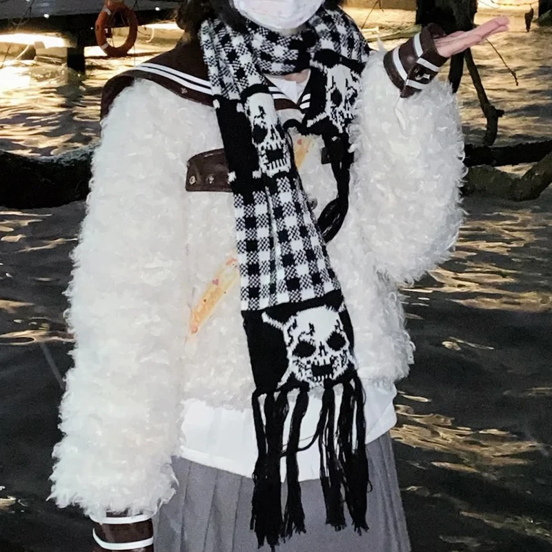 Punk Dark Style Y2k Girls Subculture Harajuku Thick Warm Knit Scarf Skull Wrap for Women Men Goth Black White Vintage Scarves