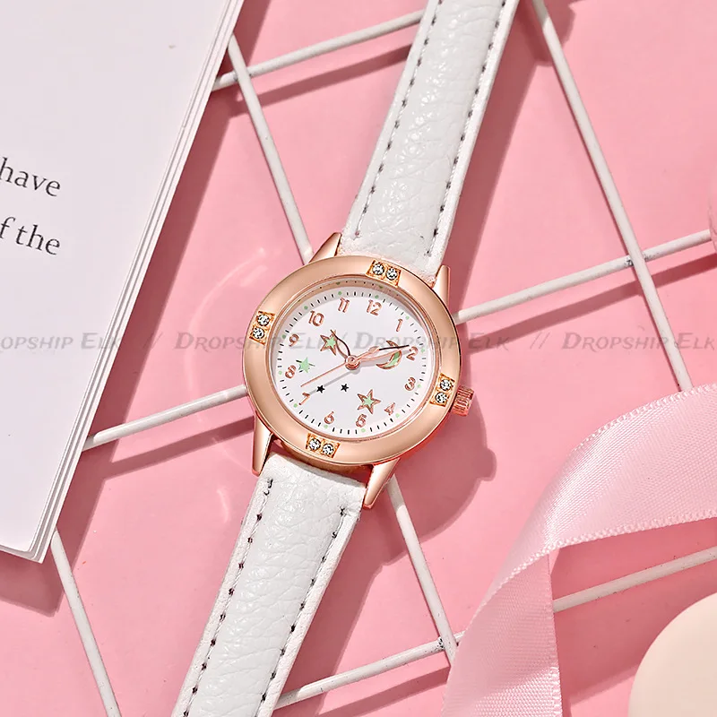 Часы женские кварцевые со звездами и луной, повседневные светящиеся Детские наручные, с кожаным ремешком, для девочек