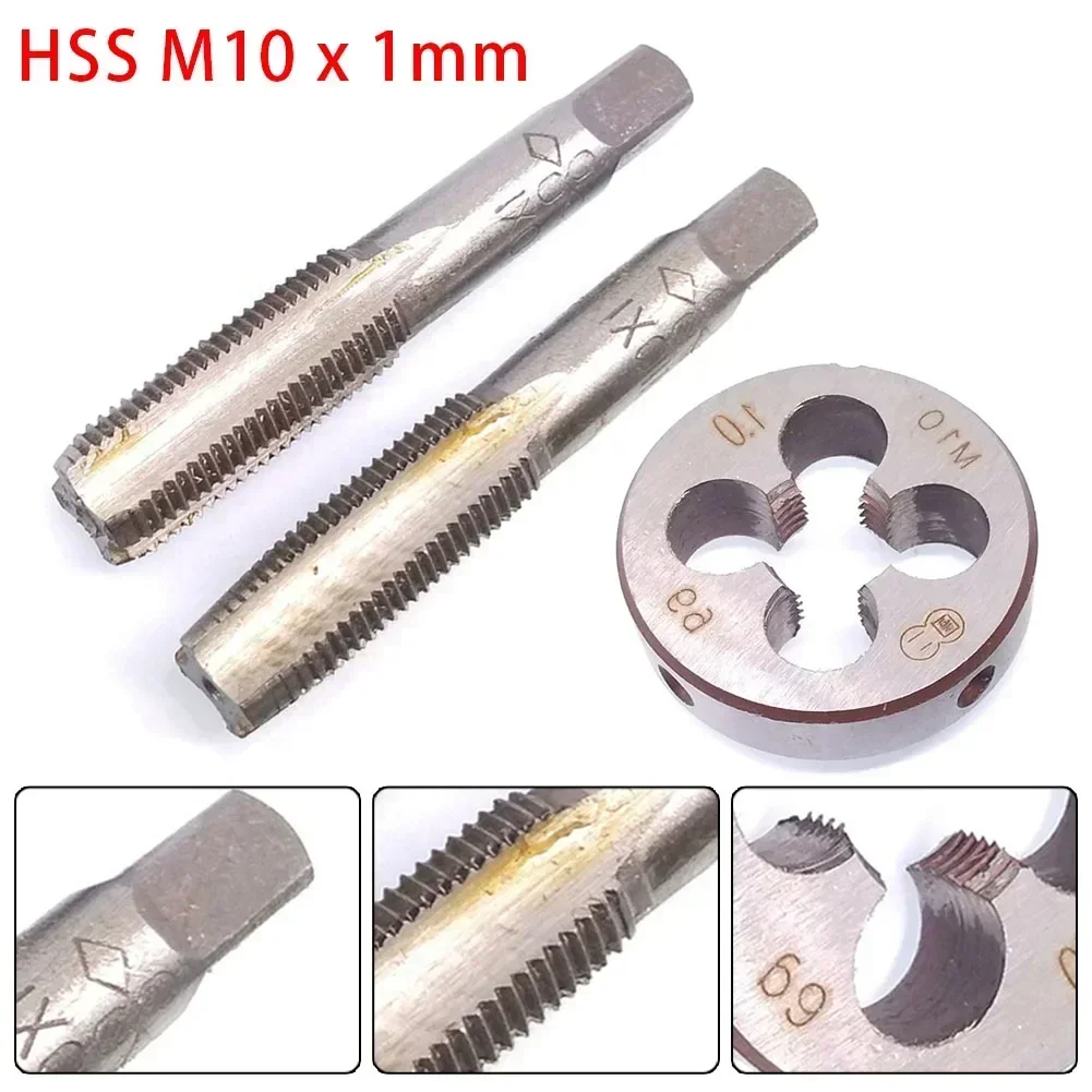 

High speed steel tools including a taper tap and die set specifically tailored to right hand metric threads in an M10x1 mm size