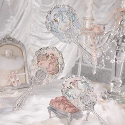 Flower Knows Swan Ballet Series Hand Holding Mirror 3 Types Exquisite Relief Makeup Tools Blue Pink Ladies HD Makeup Mirror