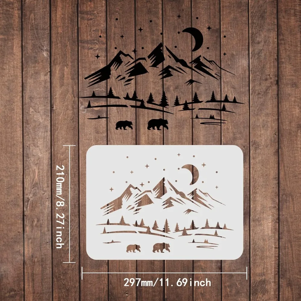 Momma Bear Cub Snowy Mountain Painting Stencils Templates 11.6x8.3 Inch Pine Trees Reusable Stencils DIY Signs for Painting