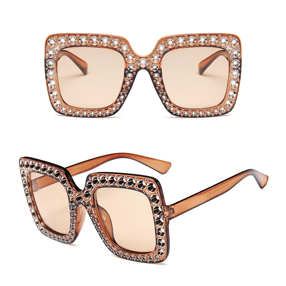 with Rhinestone Crystal Oversized Sunglasses Big Square Frame V400 Eyewear Women Fashion Retro Traveling Eyewear 2022 New