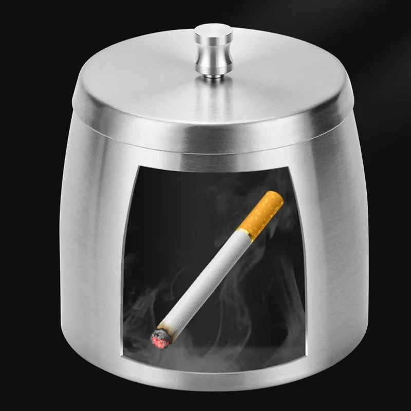 Creative Desktop Ashtray with Lid Heightened Thickened Stainless Steel Ashtray Windproof Anti-Fly Ash Tray Smoking Accessories