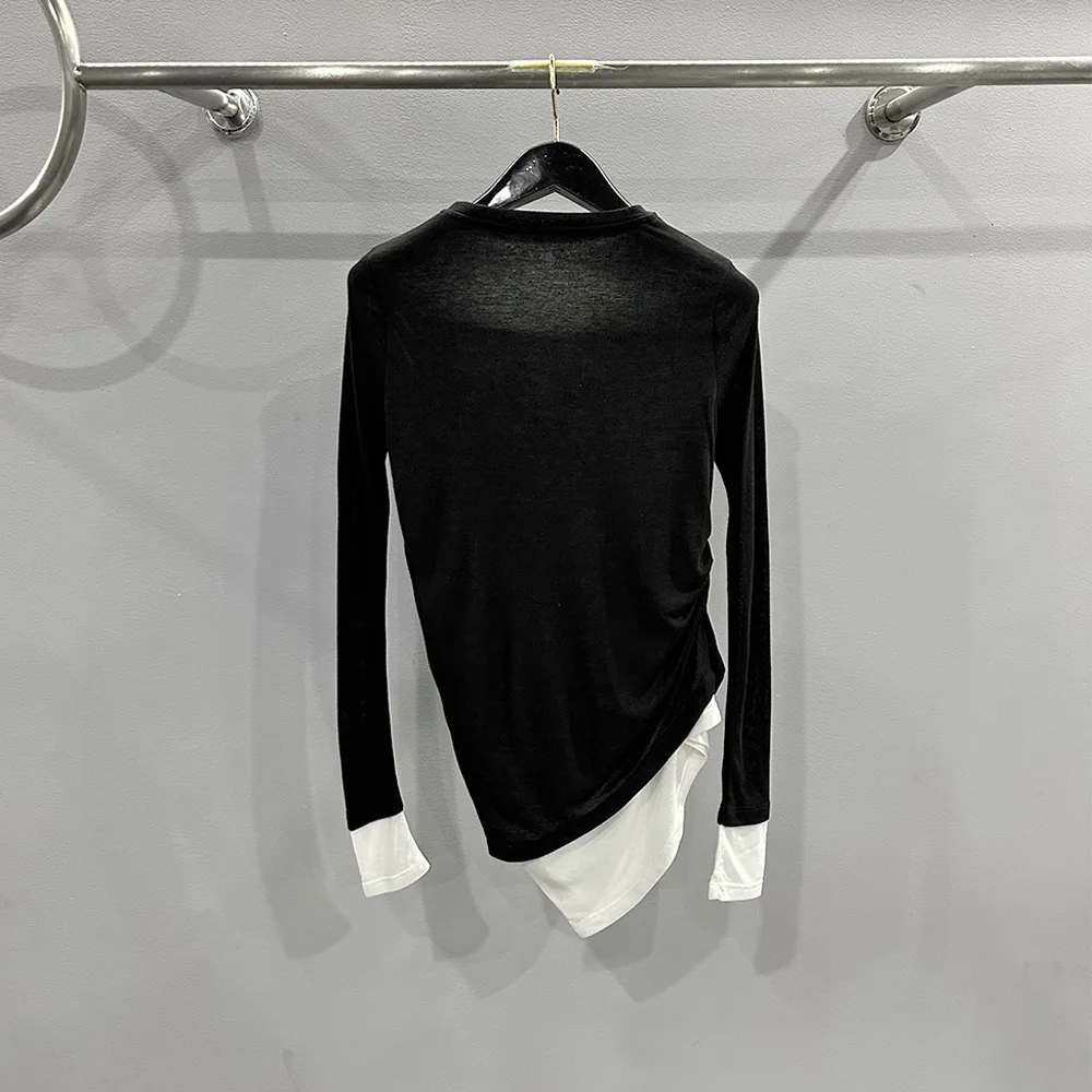 Cotton-Blend Contrast-Color Faux Two-Piece Women's T-Shirt Asymmetrical Pleated Round Neck Long-Sleeve T-Shirt Top 2026 Spring