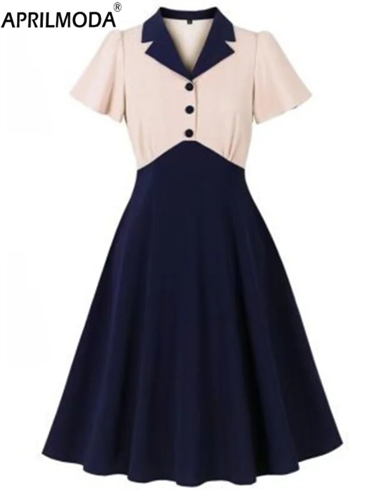 Turn Down Collar Shirt Short Women Vintage Party Evening Dress Patchwork Solid Button A Line Casual Preppy Style Flare Tea Dress