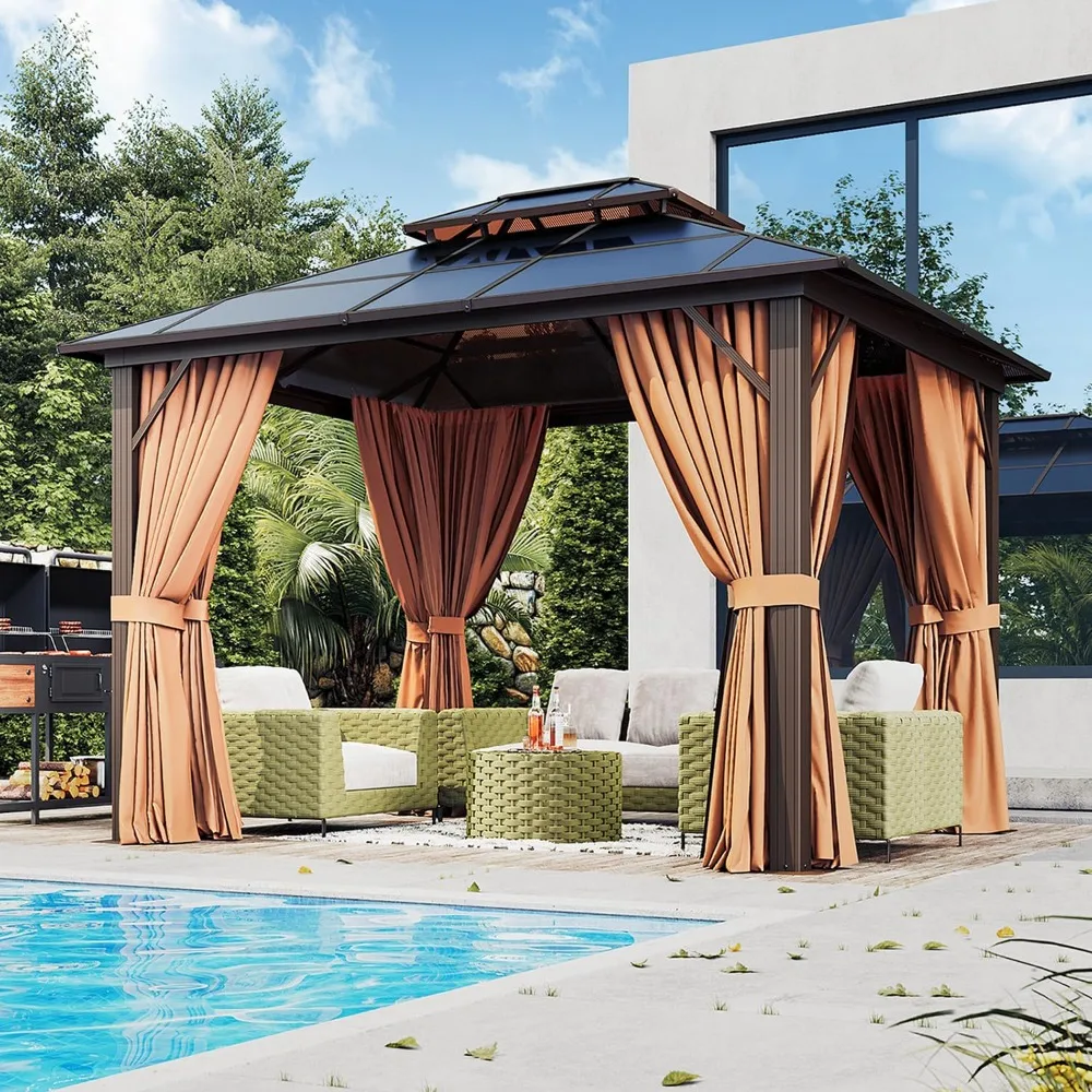 

10'x12' Hardtop, Double Roof Gazebo, Aluminum Frame Permanent Pavilion with Netting and Curtains, Outdoor Polycarbonate Gazebo