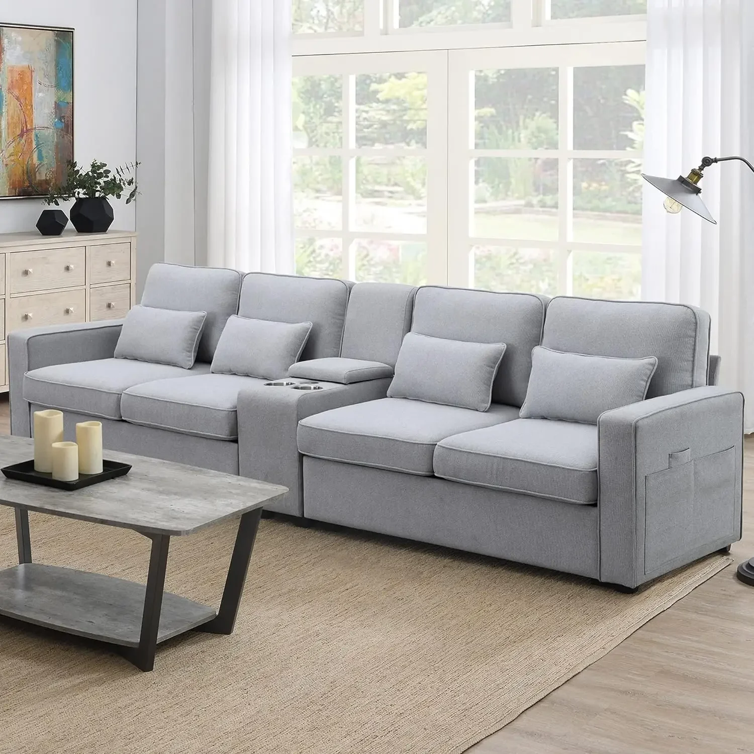 

Upholstered Sectional Sofa with Console, 2 Cup Holders and 2 USB Ports & Wirelessly Charged, Modern Linen Fabric 4-Seat Couch