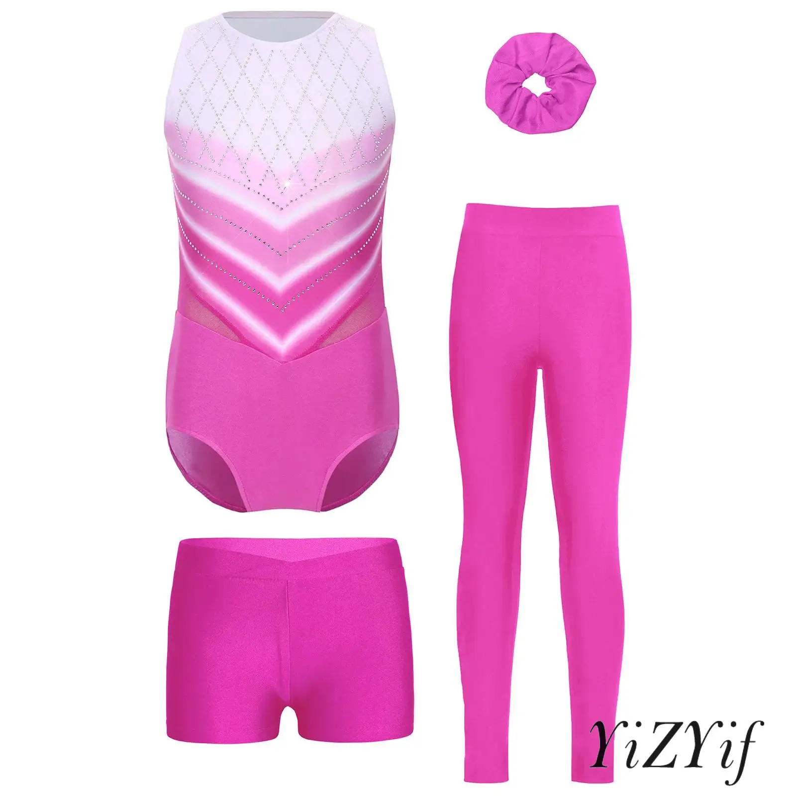 

Kids Girls 4 Pieces Gymnastic Costumes Sparkly Rhinestones Jumpsuit Ballet Yoga Leotard with Shorts Long Pants And Hair Tie Set