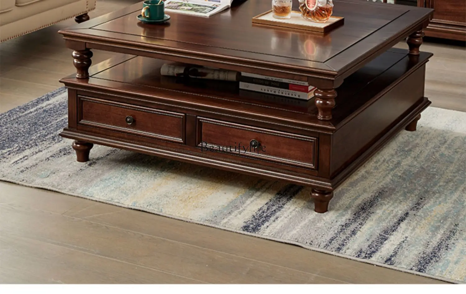 04All solid wood American coffee table living room household square table simple coffee table