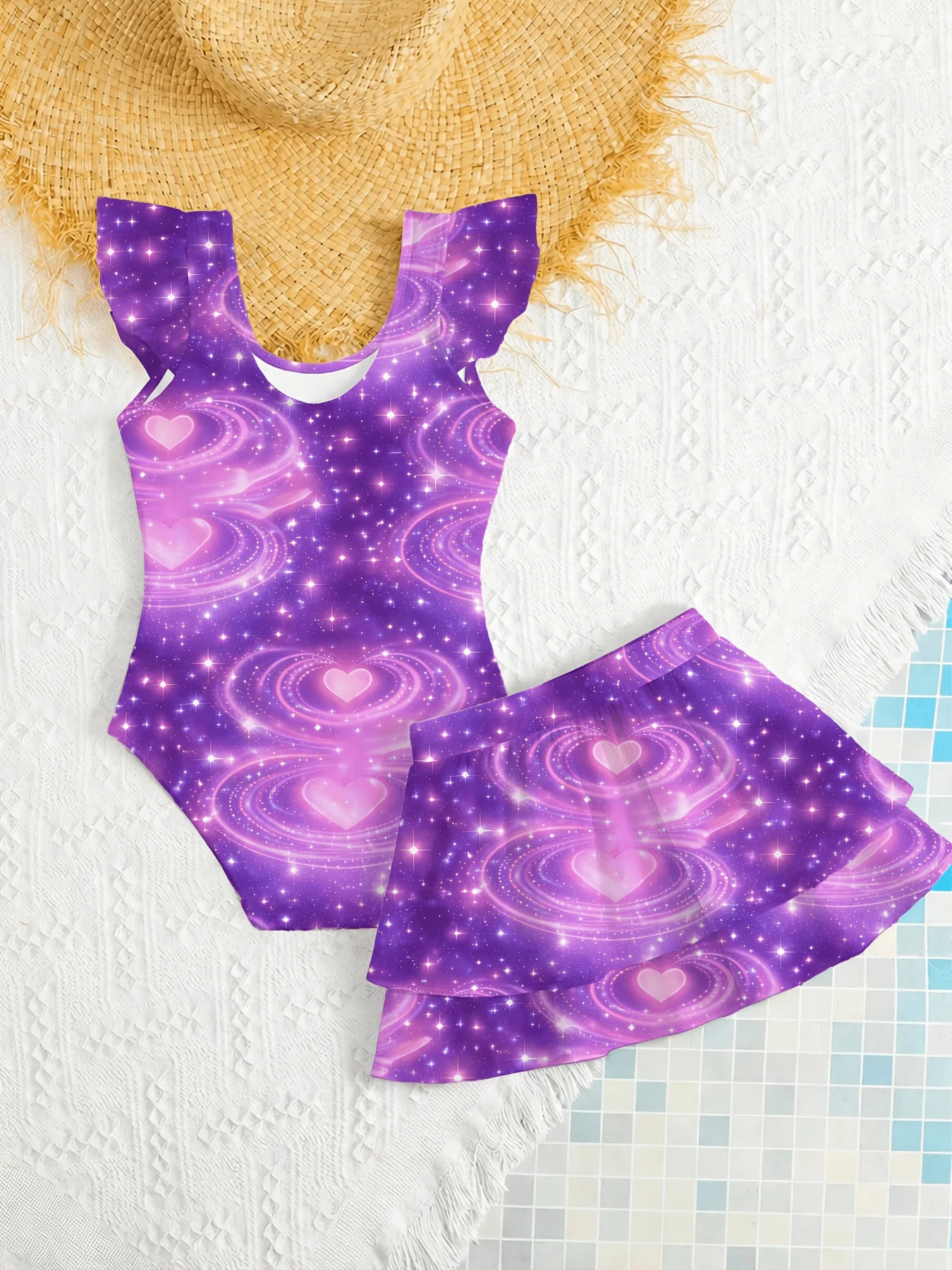 Girls' Summer Casual Swimwear, Children's Purple Printed Swimsuit Set, Girls' Cartoon Printed One-Piece Swimsuit + Beach Casual Skirt Two-Piece Set, Suitable for Girls Aged 4-12, for Home, Pool, Outings, and Beach