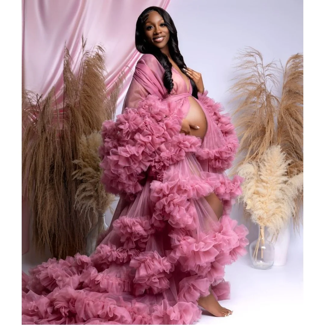 

Luxury Ruffles Prom Dresses Layers Tulle Maternity Dress Customized Long Sleeves vestido de novia Photography Props