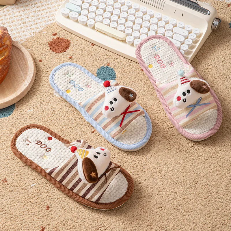 Cartoon Women Slippers Home Spring Summer Linen Sweet Designer Shoes Girls Cute Indoor Slides Couple Soft Non-Slip Lightweight