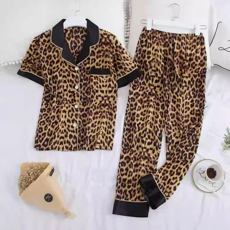 Women Sleepwear Set Rest Summer Autumn Pajama Set Turn Down Collar Faux Silk Satin Short Sleeve Leopard Female Pijama Home Wear