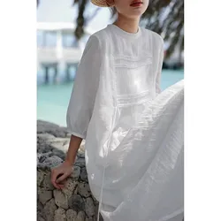 2024 Spring Summer New Arts Style Women 3/4 Sleeve Loose A-line Dress High Quality Cotton Ramie Solid White Long Dresses P591