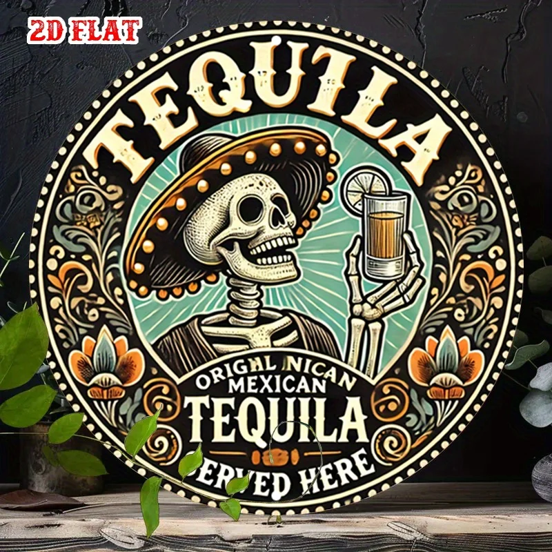 2D Flat - One-Piece Round Sign Featuring a 2D Flat Skeleton Design, Perfect for Tequila-Themed Wall Decoration.