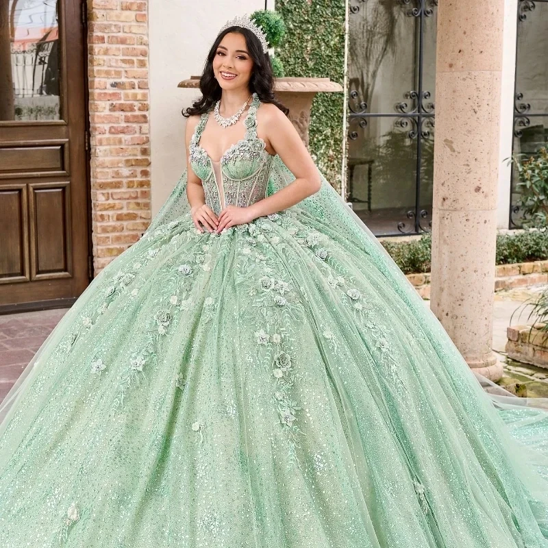 Vestido verde para quinceañeras, corsé con apliques brillantes De tul, Vestidos sexys elegantes para desfile, vestido De fiesta De noche De cumpleaños De princesa