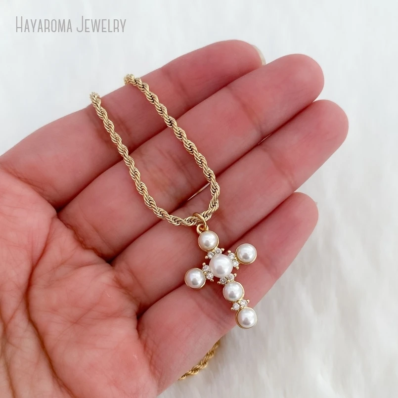 

10Pcs Y2K Pearl Cross Charm Pendant Stainless Steel Necklace Women Religious Jewelry Catholic Mothers Day Gift Tiki