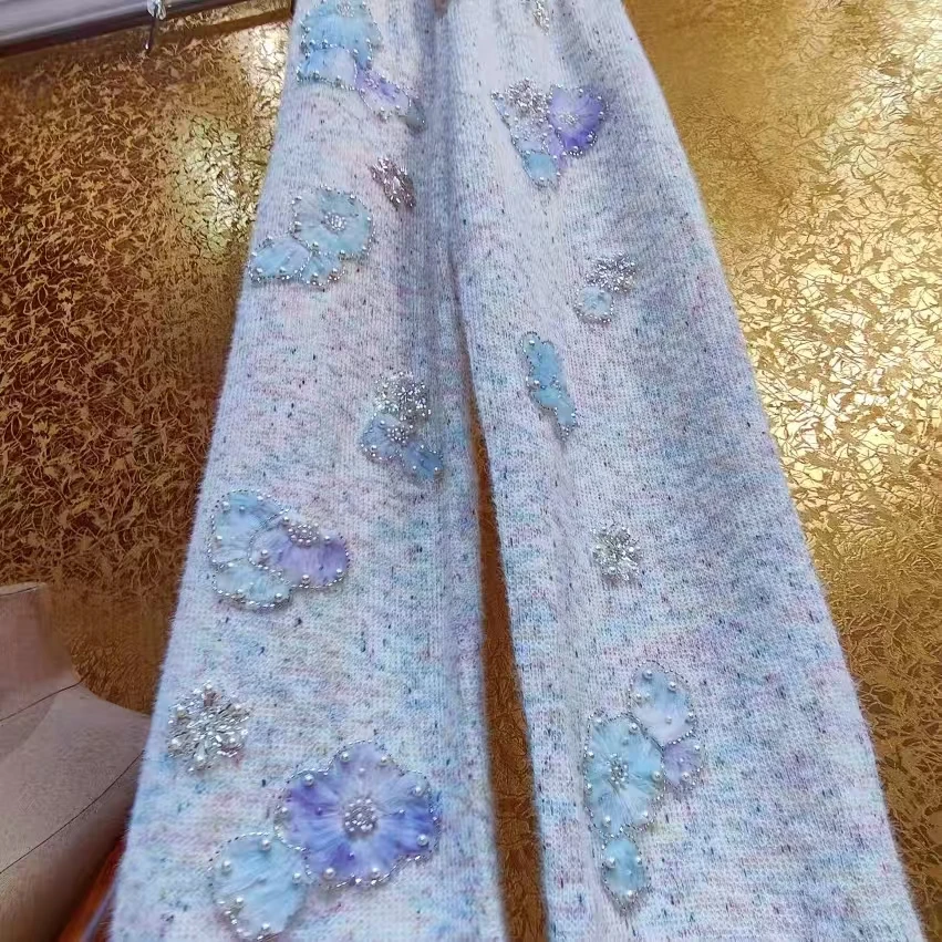 New In Autumn Women's Pants Unique Design Beaded Flowers Stitch Y2K Long Pant High Street pantalones de mujer Woman Clothes