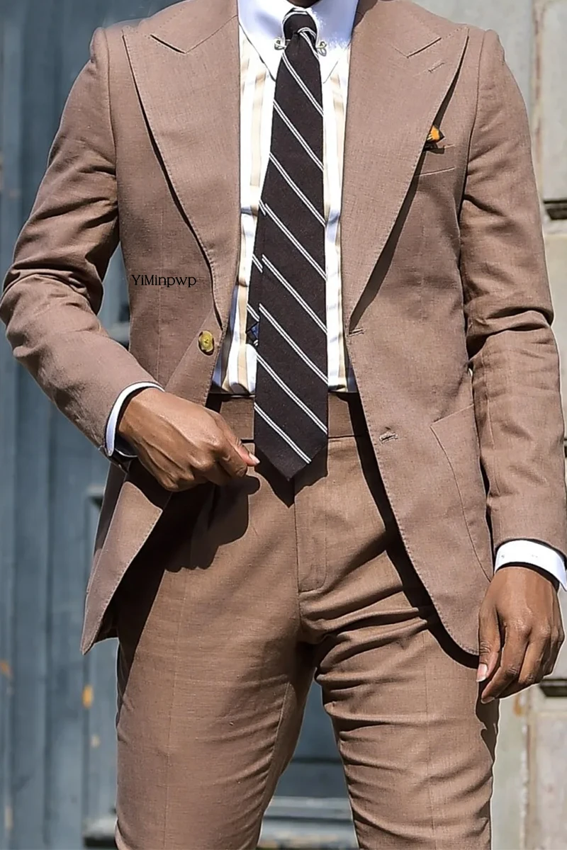YiMinpwp Bruin Herenkostuums Piek Revers Linnen 2-delig Feest Schoolfeest Pak Lente Zomer Zakelijk Slim Fit Pak Herenkleding XS-5XL