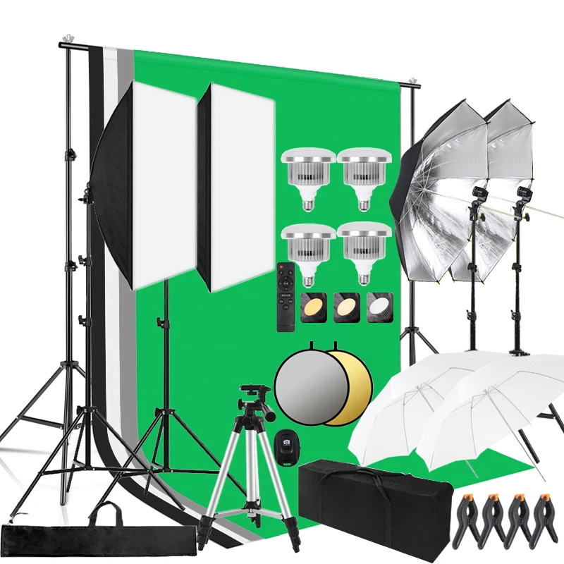 Photo Studio Shooting Kits Photography Umbrella Softbox Set Bi-Color Bulb Light Light Soft Box Backdrop Stand