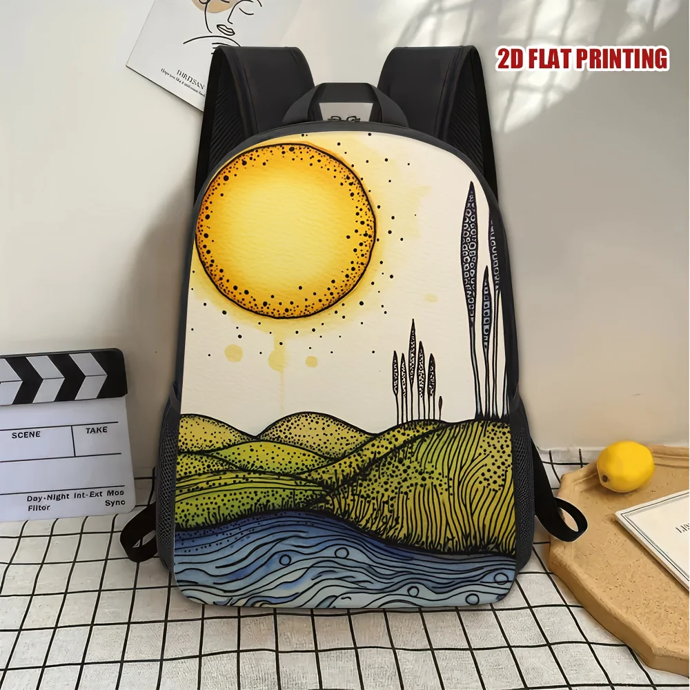 

A backpack with a sunrise pattern over hills and rivers, conveniently designed for professional and social occasions