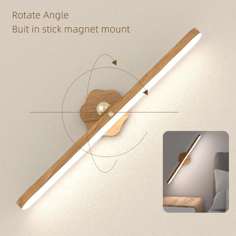 Lampada da parete portatile per specchio per trucco a LED Lampada da parete con interruttore tattile magnetico ricaricabile tramite USB Lampada da comodino con luce di riempimento frontale a specchio in legno