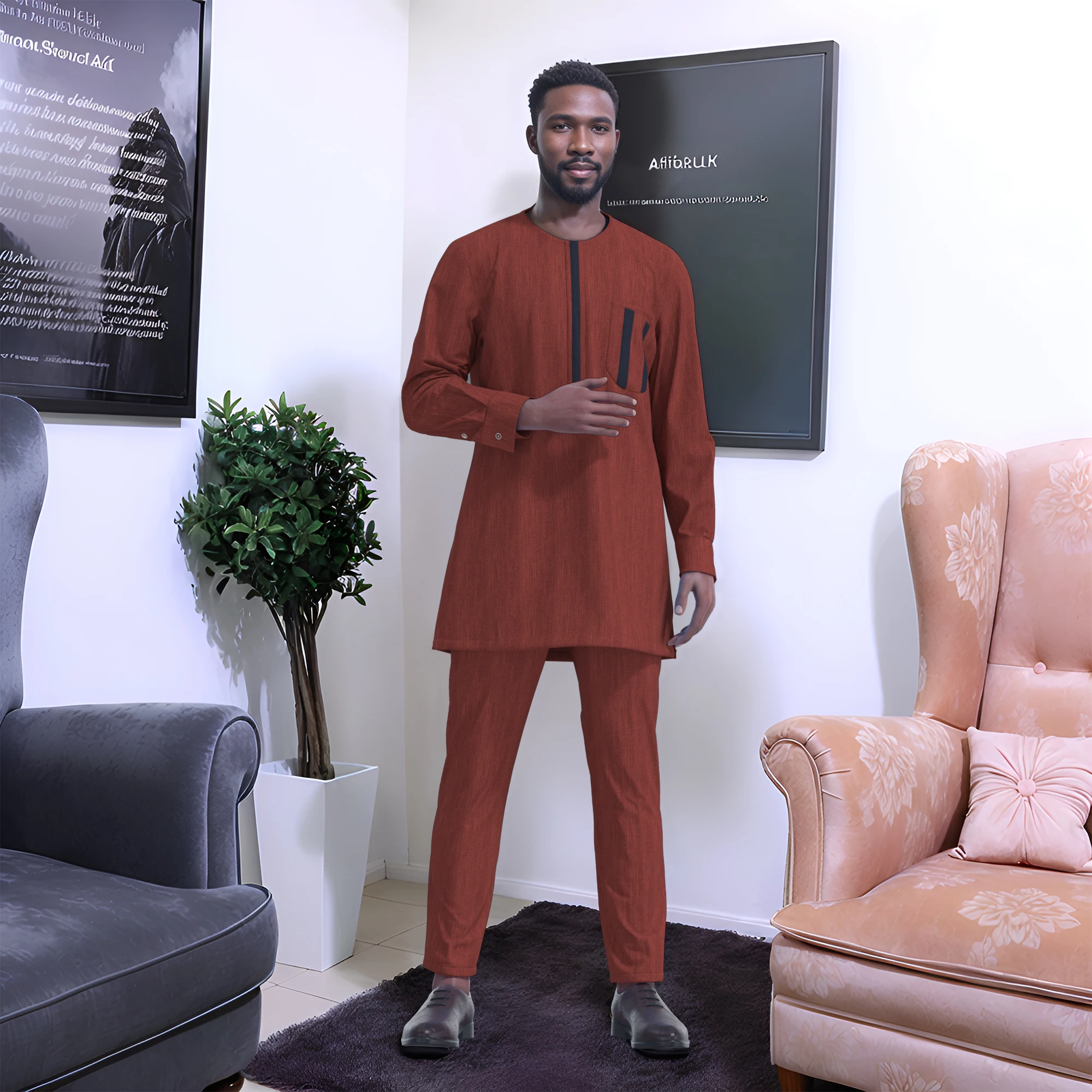 Men's African Traditional Suit Set, Long Sleeve Zipper Jacket with Pants, Elegant Casual Wear for Home/Party/Photoshoot WYN2307