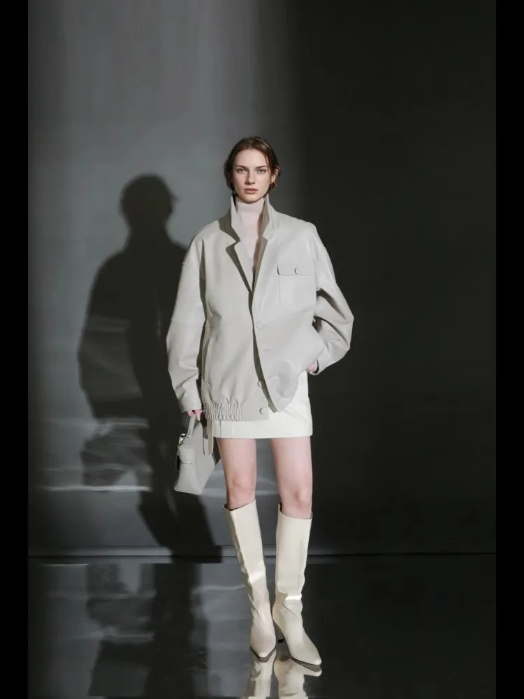 Lautaro ฤดูใบไม้ผลิฤดูใบไม้ร่วงขนาดใหญ่กันน้ํา Distressed สีน้ําตาล Pu แจ็คเก็ตหนังผู้หญิงเดี่ยว Breasted Luxury Designer เสื้อผ้า 2025