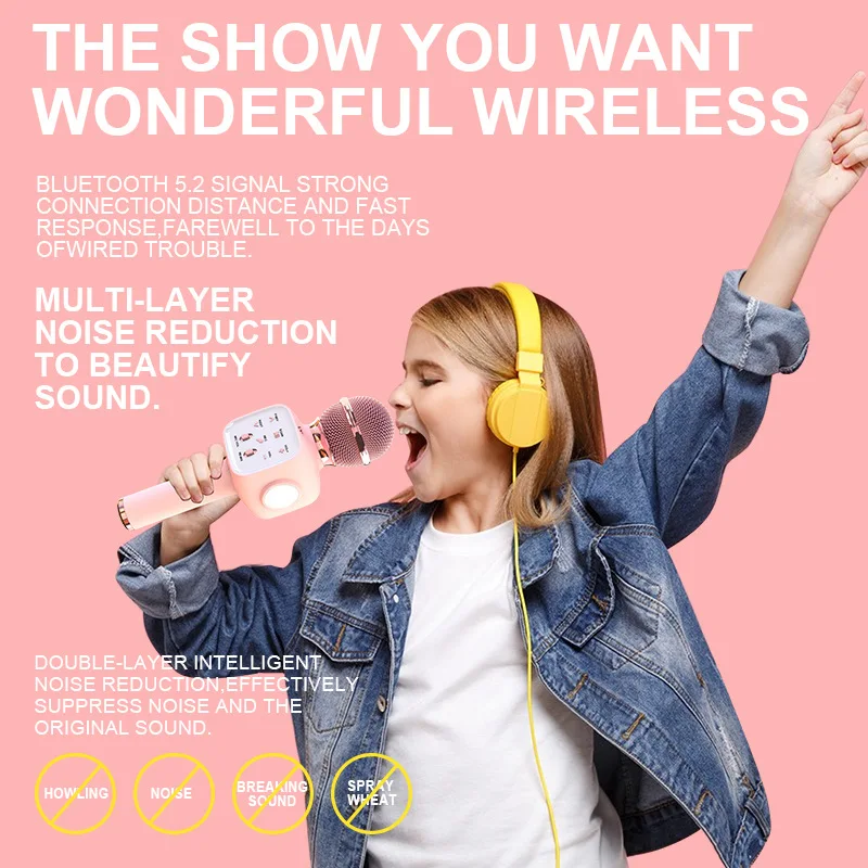 Q8 ميكروفون لاسلكي محمول باليد يعمل بالبلوتوث للأطفال يغني كاريوكي KTV صوت الكل في واحد مكبر صوت