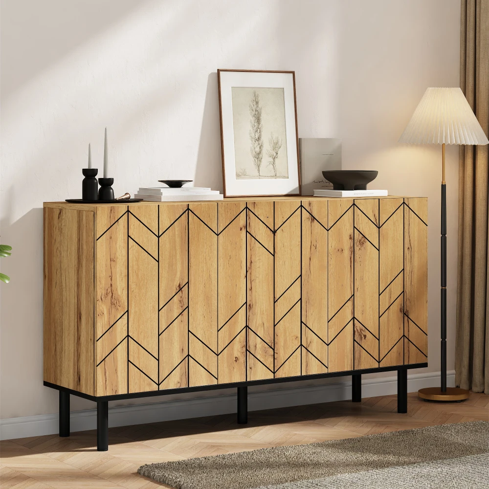 Mobile contenitore moderno, 120x35x70 cm, con 3 ante e scomparti chiusi, finitura effetto onda, struttura robusta in truciolato con gambe in metallo, portata massima 50 kg, ideale per soggiorno, sala