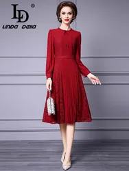 LD LINDA DELLA Autumn Winter Women's Dress Long-Sleeved Chic Lace Splicing High Waiste Vintage Temperament Dresses