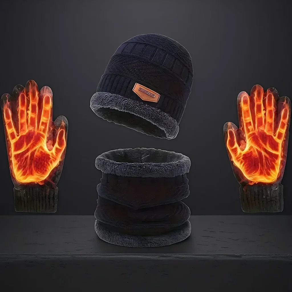 

Winter Set 3PC - Hat, Scarf & Touchscreen Gloves, Thickened Wool for Men Women Outdoor Riding and Warmth