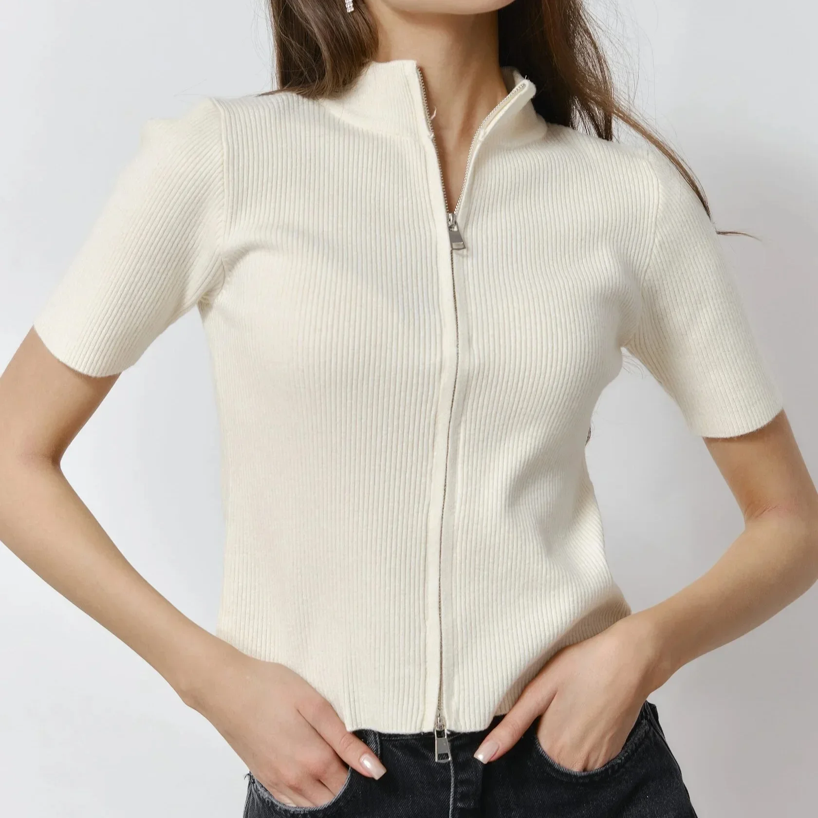 

Double Zipper Slim Fit Knitted Cardigan for Women in Spring and Autumn New Versatile Knitted Top for Women