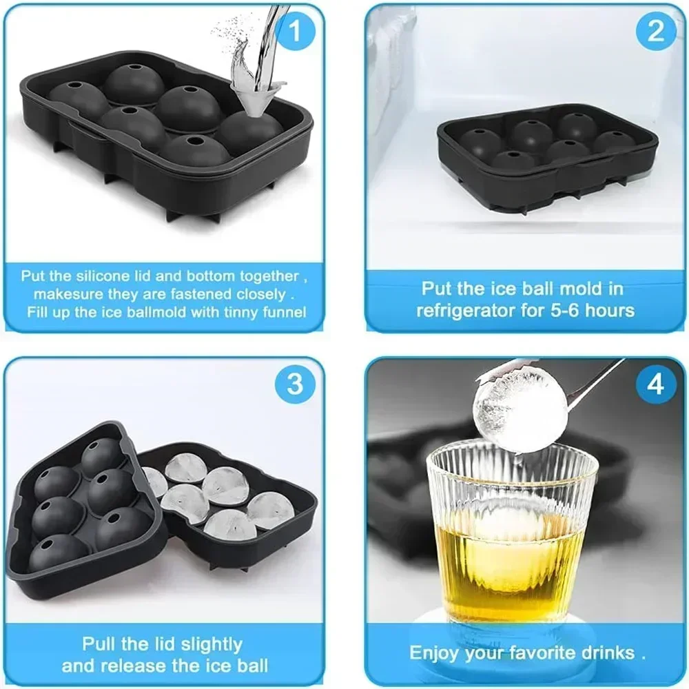 6 Cavity Ice Ball Mold Food Grade Silicone BPA Free Leakproof Easy Release Large Sphere Ice Tray with Lid for Whiskey Cocktails