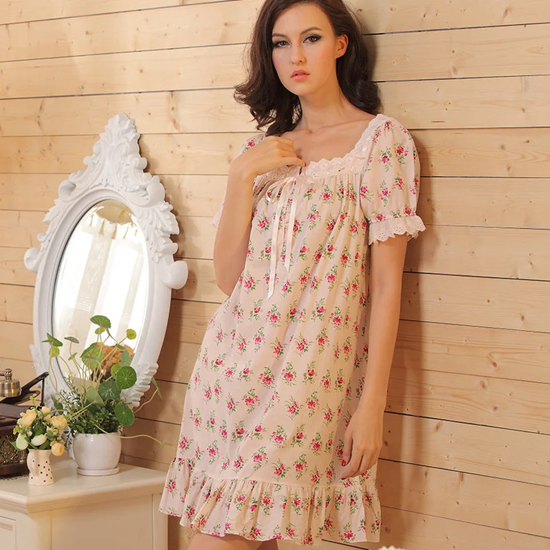 Brand Sleep Lounge Women Sleepwear Cotton Short Sleeve Vintage Nightgowns Sexy Dress White Nighty Nightdress Princess Clothing