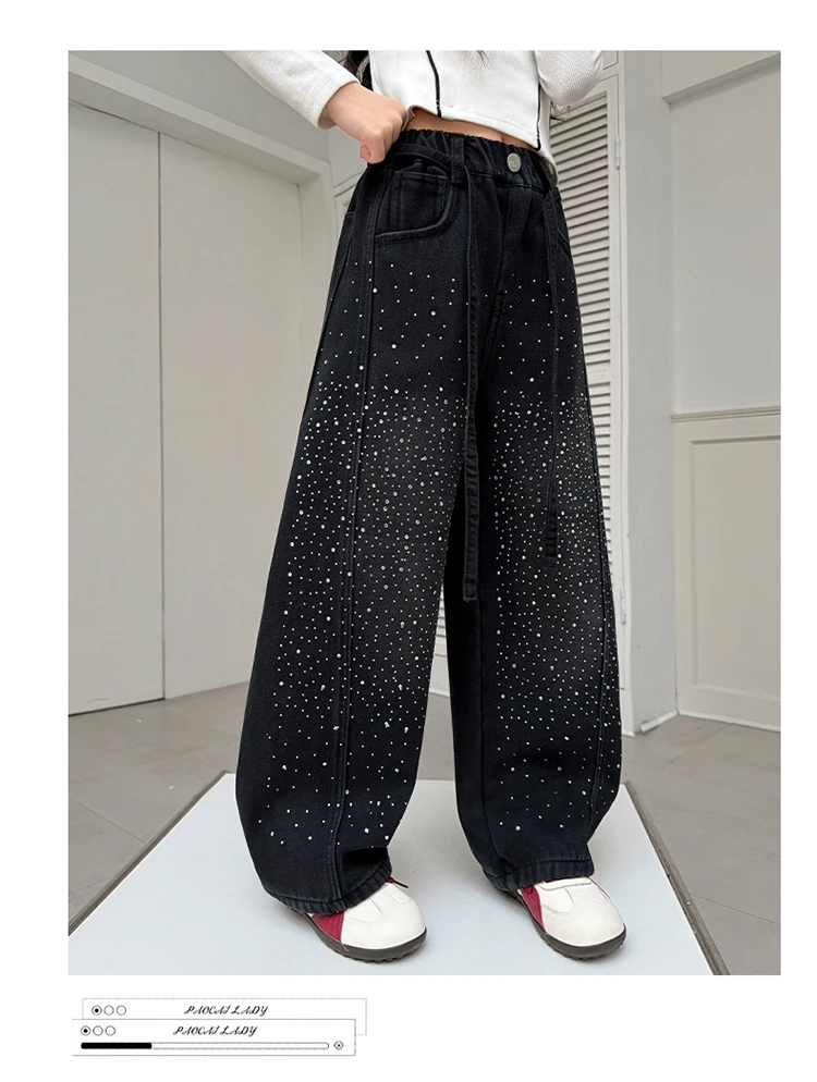 Kinder Mädchen Herbst Schwarze Jeans mit Kristallen, Teenager Kinder Strass Lose Weite Denim-Hosen, Modische Gebogene Messerhosen – Detail 3